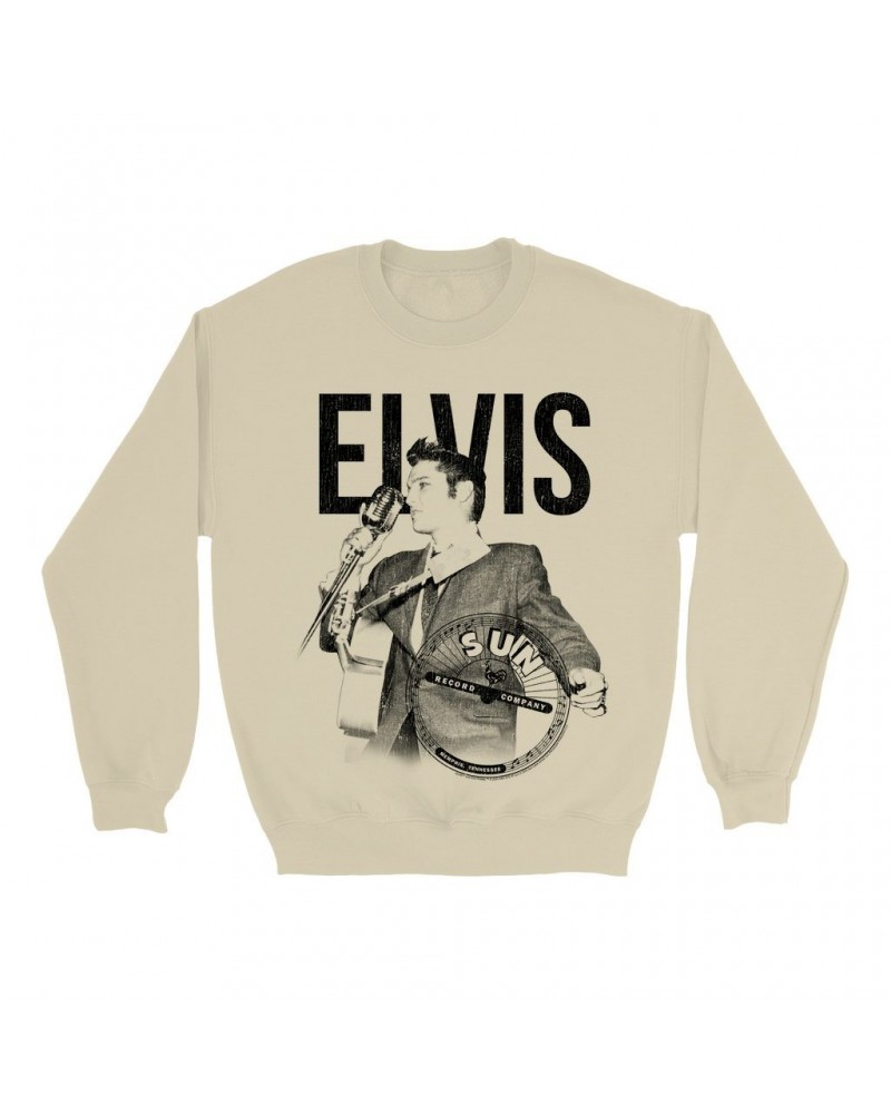 Elvis Presley Sun Records Sweatshirt | Solo Live Black Distressed Sun Records Sweatshirt $16.08 Sweatshirts