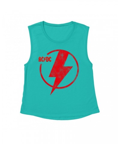 AC/DC Ladies' Muscle Tank Top | Logo Lightning Bolt Red Distressed Shirt $14.17 Shirts