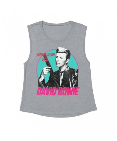 David Bowie Ladies' Muscle Tank Top | Sound + Vision 1990 Powerful Pink Design Distressed Shirt $11.53 Shirts