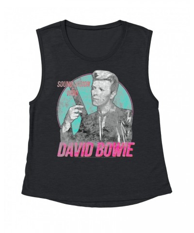 David Bowie Ladies' Muscle Tank Top | Sound + Vision 1990 Powerful Pink Design Distressed Shirt $11.53 Shirts