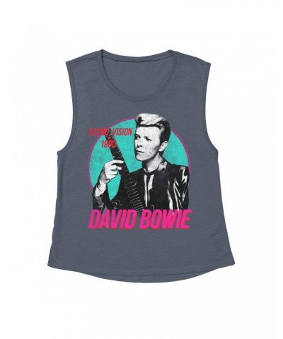 David Bowie Ladies' Muscle Tank Top | Sound + Vision 1990 Powerful Pink Design Distressed Shirt $11.53 Shirts