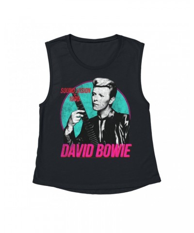 David Bowie Ladies' Muscle Tank Top | Sound + Vision 1990 Powerful Pink Design Distressed Shirt $11.53 Shirts