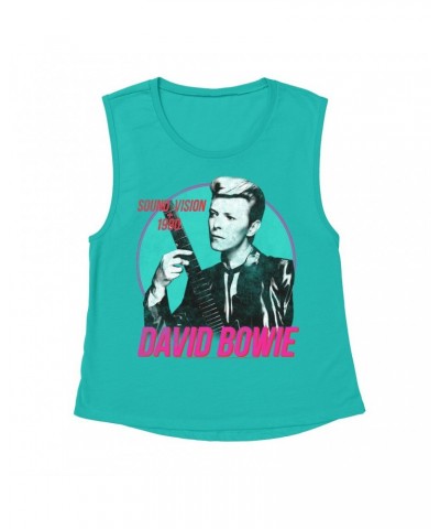 David Bowie Ladies' Muscle Tank Top | Sound + Vision 1990 Powerful Pink Design Distressed Shirt $11.53 Shirts