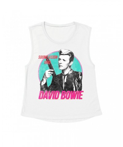 David Bowie Ladies' Muscle Tank Top | Sound + Vision 1990 Powerful Pink Design Distressed Shirt $11.53 Shirts